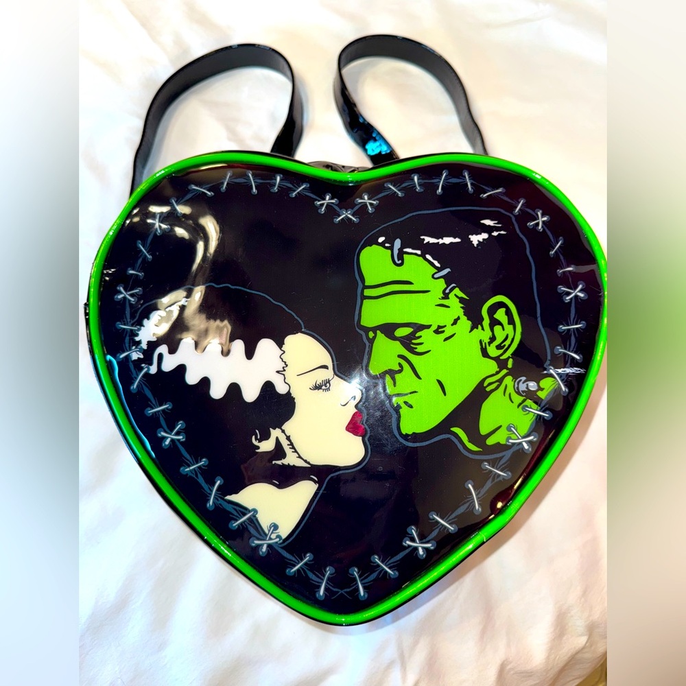 ROCK REBEL Frankenstein and Bride Heart Shaped Backpack Purse in shiny black